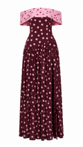 Vestido Pia Pink – vestido largo vino con lunares rosa