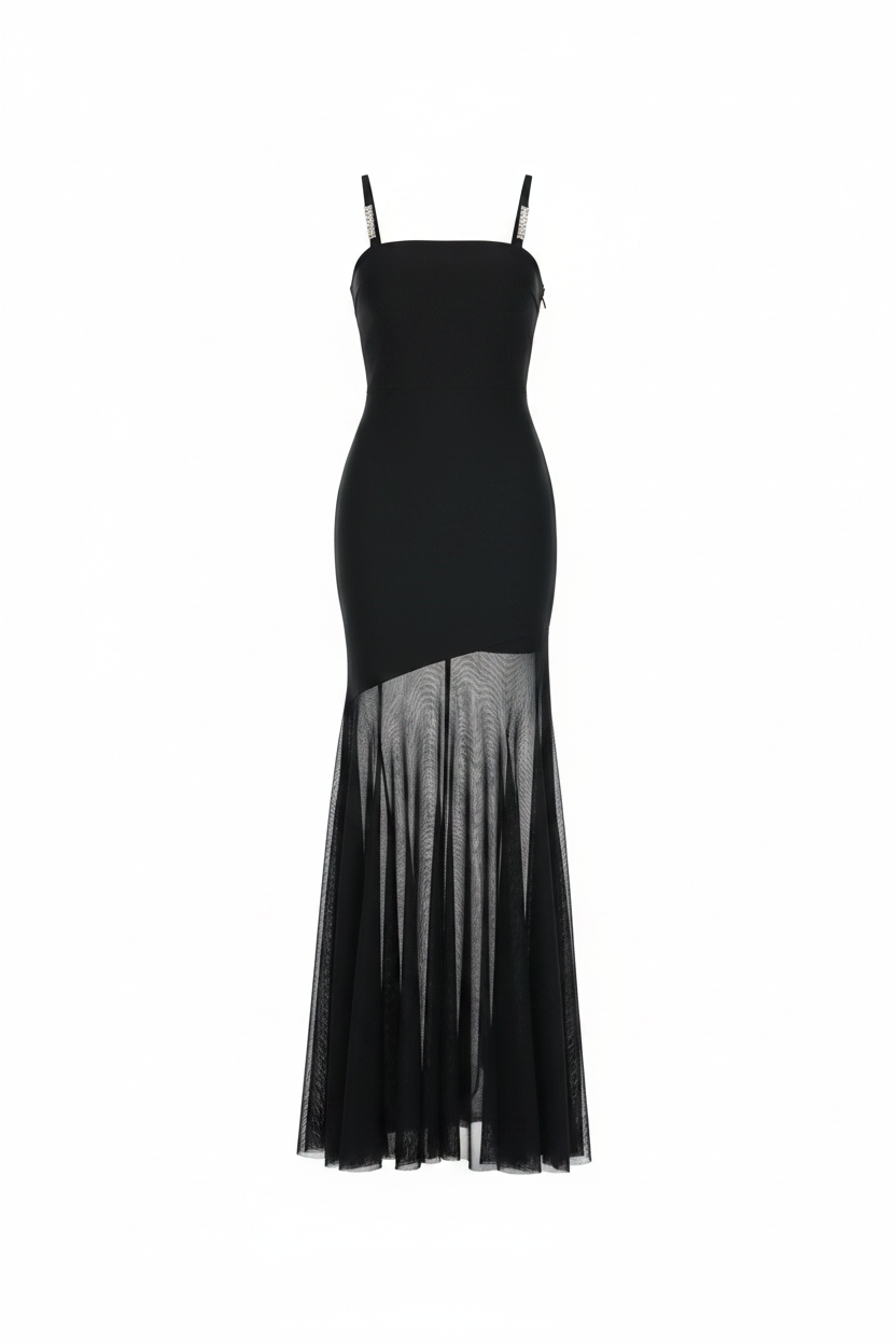 Mara Dress Negro - Mesh transparente sin forro fondo blanco