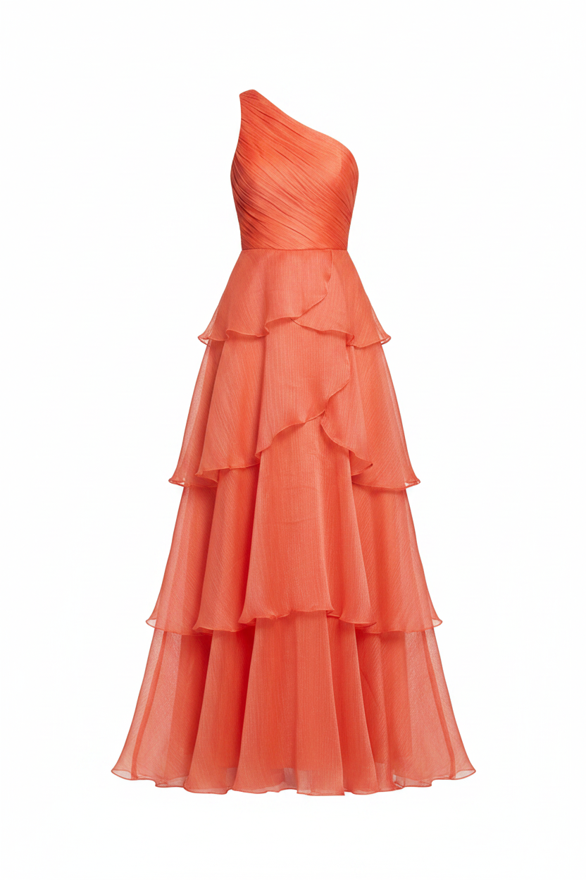 Vestido Coral One-Shoulder Tiered - Fondo blanco puro